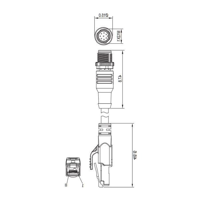 M12 8Pin直公/ rj - 45公-双端预制PVC非软电缆，带屏蔽，茶绿护套，以太网Cat.[e] . 0C4463-XXX